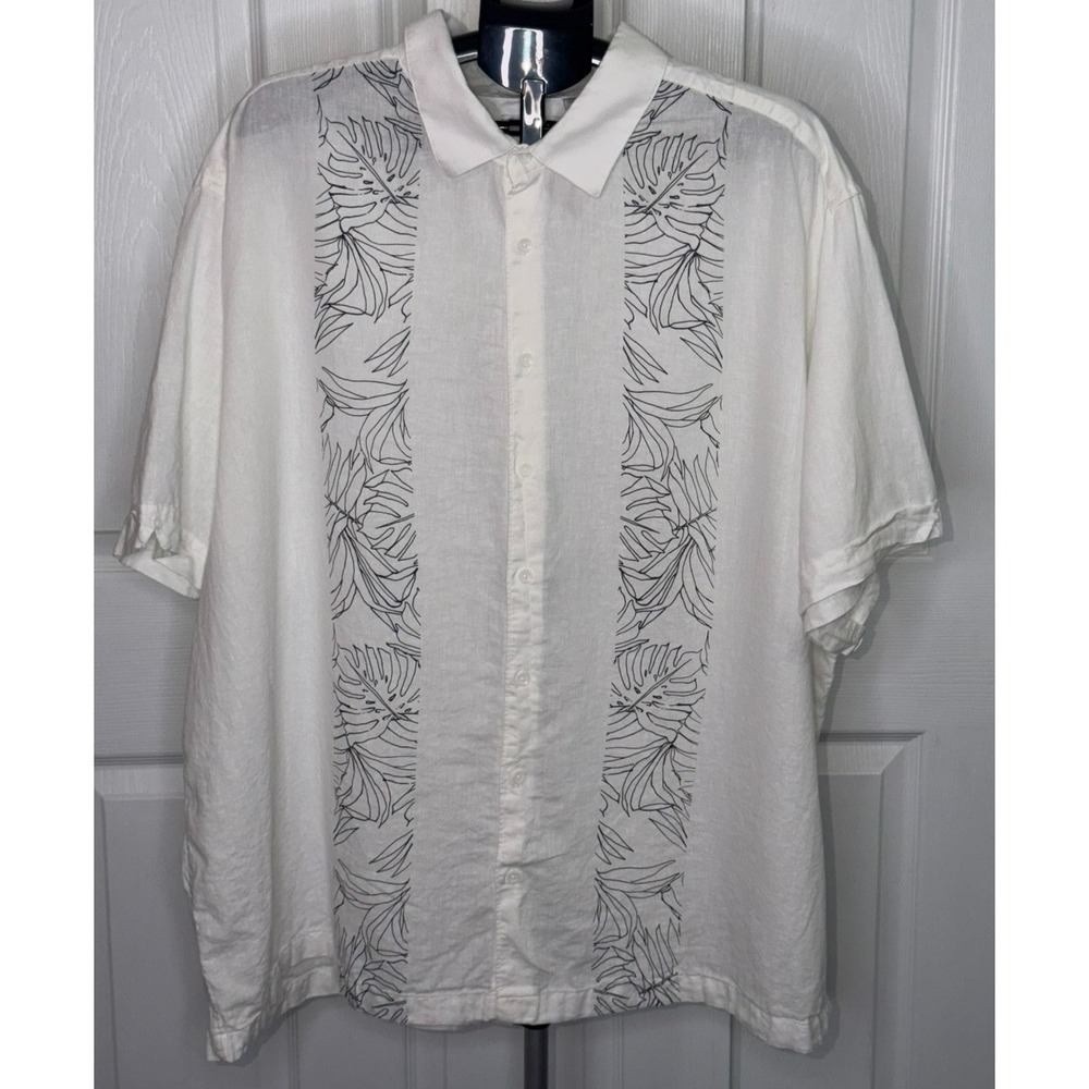 Cafe Luna Mens 3XL White Linen Blend Tropical Palm Short Sleeve Button Up